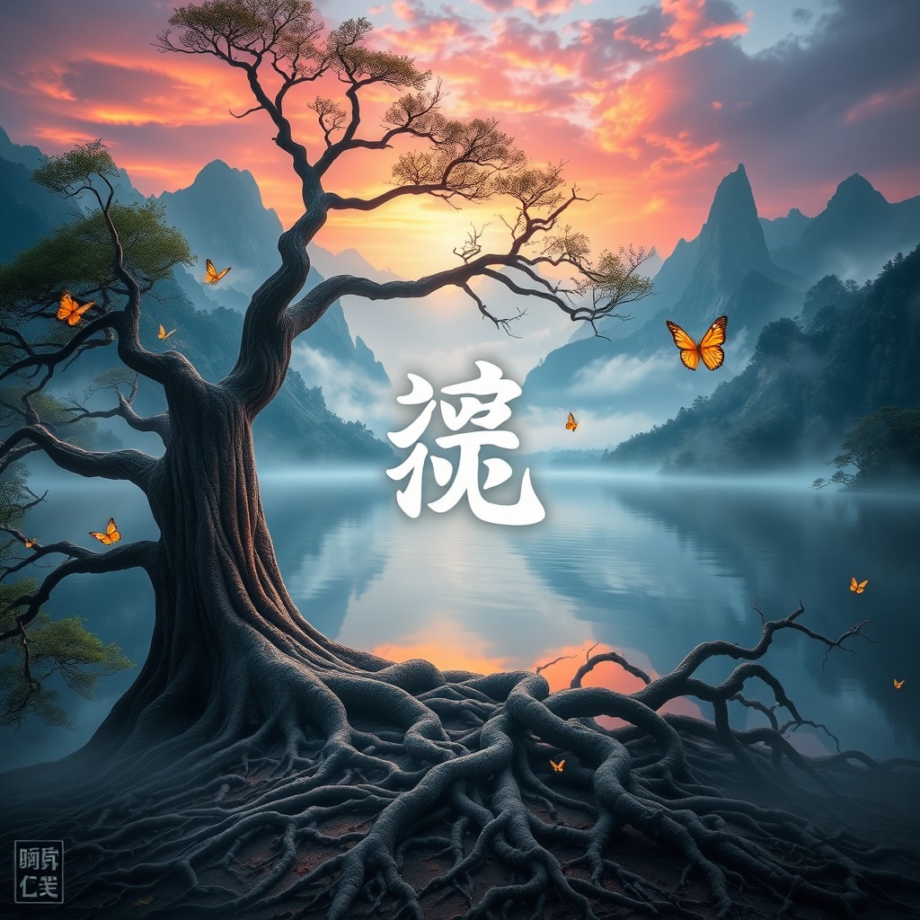 A mesmerizing fantasy landscape featuring majestic mountains and a tranquil lake, enveloped in mist