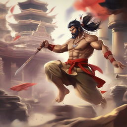 A detailed and action-packed scene of Goj Saturu, a champion warrior, engaged in an intense battle against Sakuna in an Indian setting. The background should capture the rich Indian culture and architecture