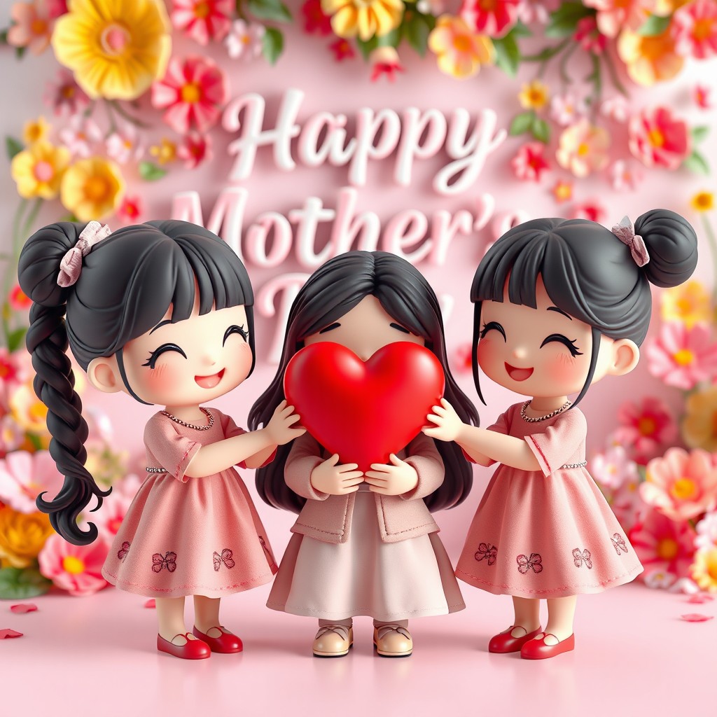 3D realistic hyper detailed chibi style figures of a mother and her daughters, where the daughters are on the same side giving a heart to their mother