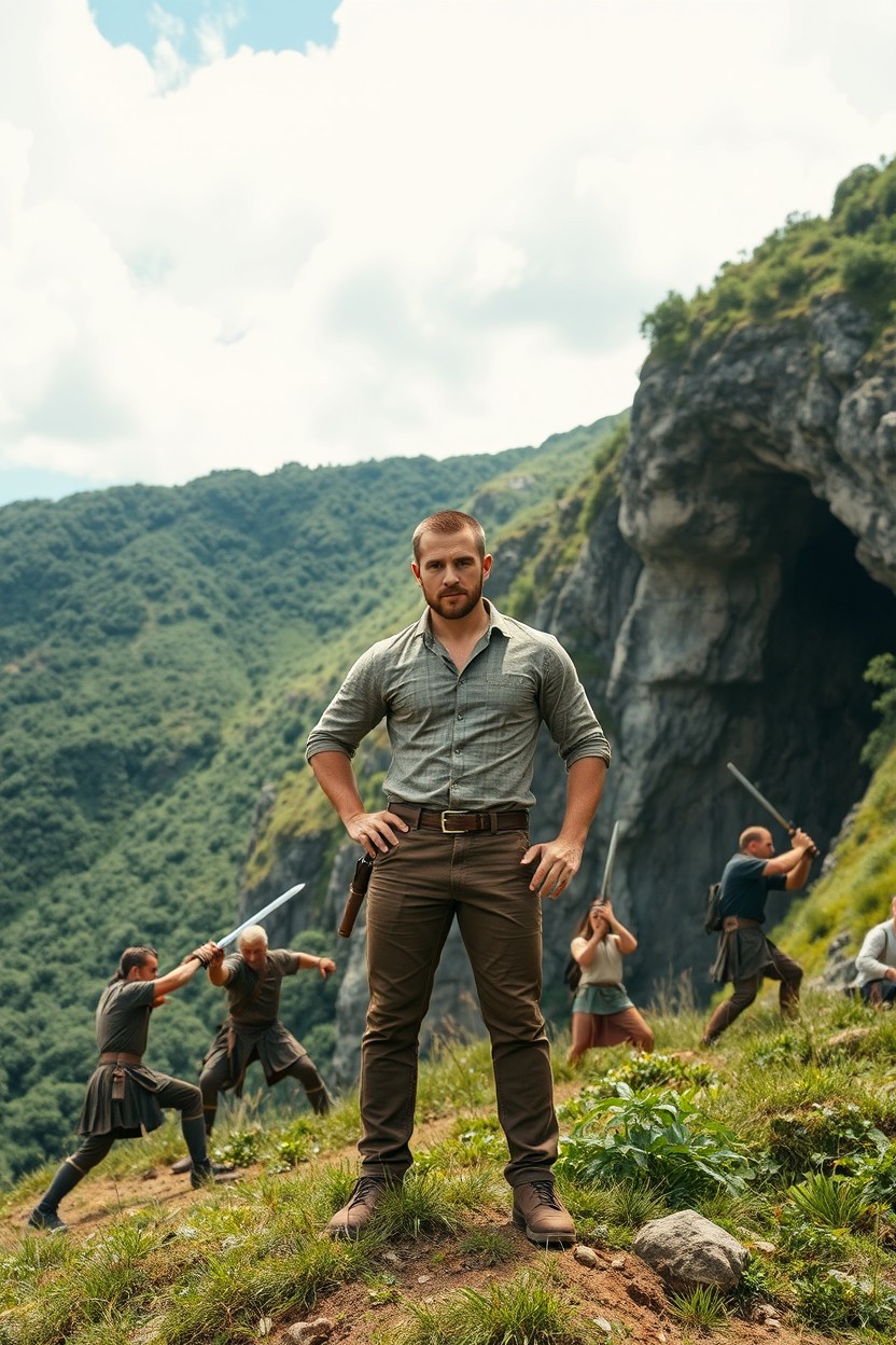 A handsome man standing confidently at the top of a hill, overlooking a dramatic scene with a steep cave behind him