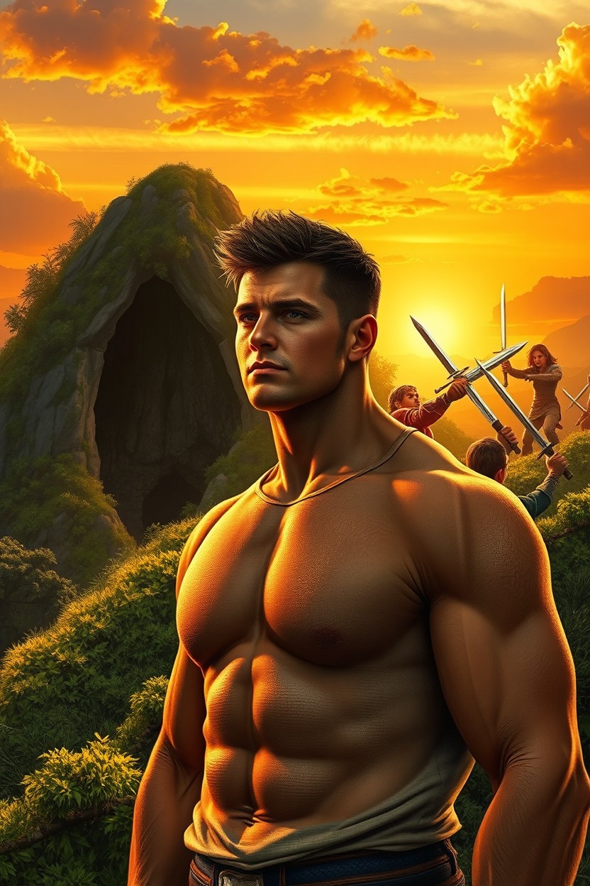 A handsome man with a confident demeanor standing atop a lush green hill, gazing into the distance