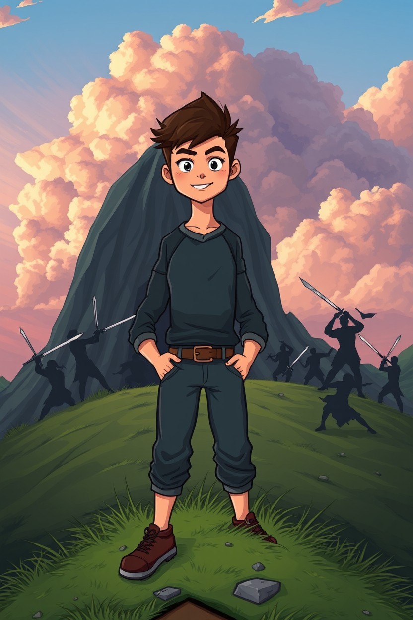 A handsome cartoon man, 16 years old, standing confidently atop a verdant hill