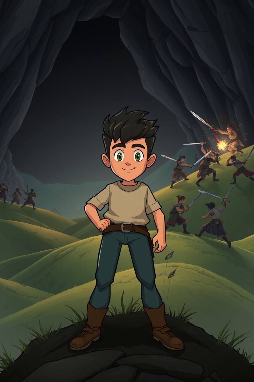 A handsome young cartoon man standing on a hill, exuding confidence and strength