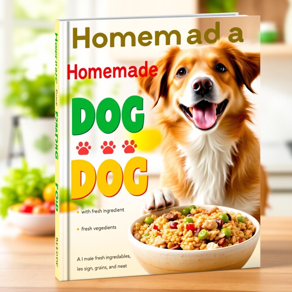 A vibrant and eye-catching book cover for 'Homemade Healthy Dog Food', featuring a joyful, healthy-looking dog enjoying a bowl of colorful, nutritious food made with fresh ingredients like vegetables, grains, and meat