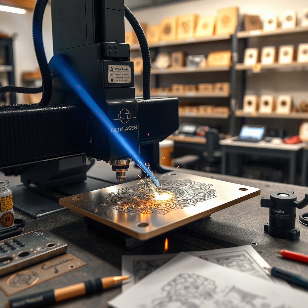 A detailed view of a fiber laser engraving machine in a workshop setting