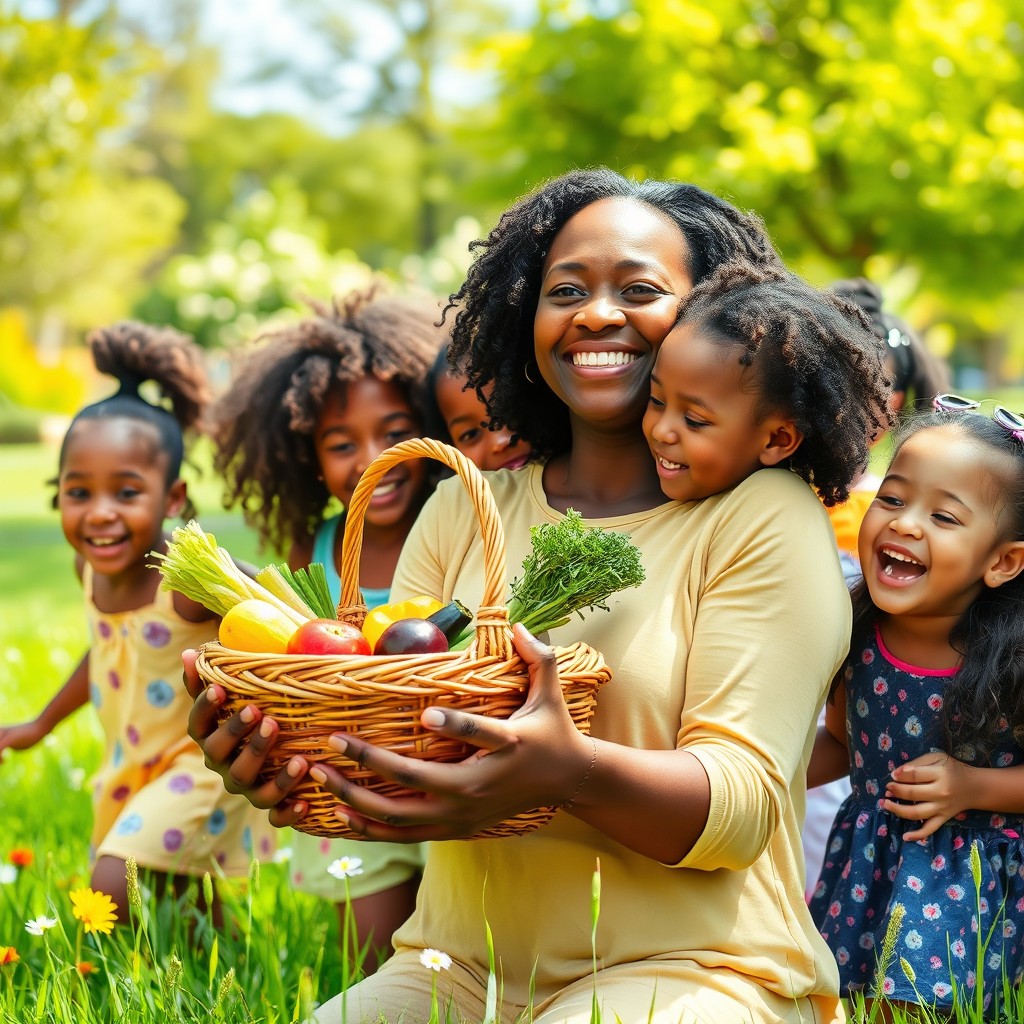 A joyful scene of a black mother with a warm smile, holding a woven basket filled with colorful fruits and vegetables, lovingly cradling the basket as if it were a child