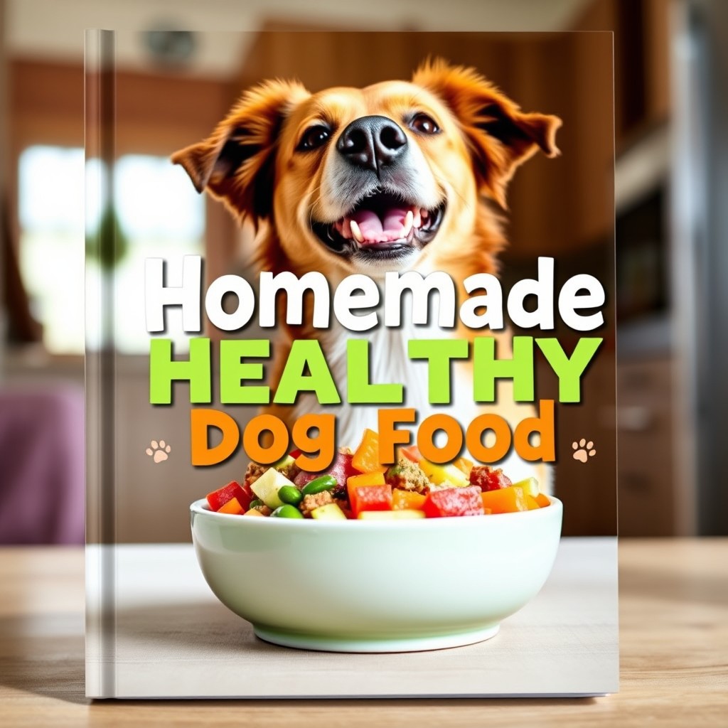A beautifully designed book cover for 'Homemade Healthy Dog Food', featuring a happy, healthy dog looking eagerly at a bowl filled with vibrant, colorful dog food made from fresh vegetables and meats