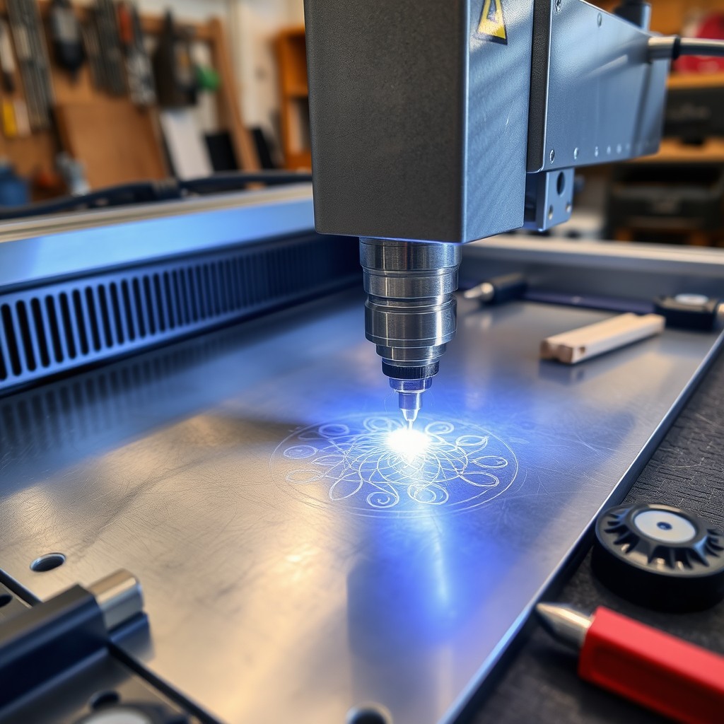 A close-up view of a 30-watt fiber laser engraving machine in a workshop environment