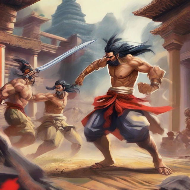 A detailed and action-packed scene of Goj Saturu, a champion warrior, engaged in an intense battle against Sakuna in an Indian setting. The background should capture the rich Indian culture and architecture