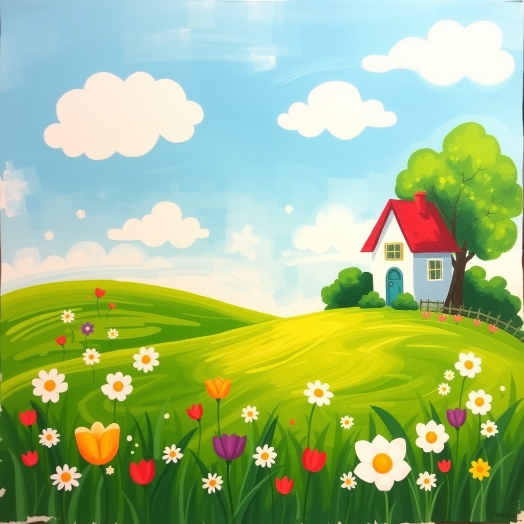 A whimsical and cheerful landscape painting created by a beginner artist, featuring a bright blue sky with fluffy white clouds, a vibrant green meadow sprinkled with colorful flowers like daisies and tulips, and a simple, charming cottage with a red roof nestled among trees
