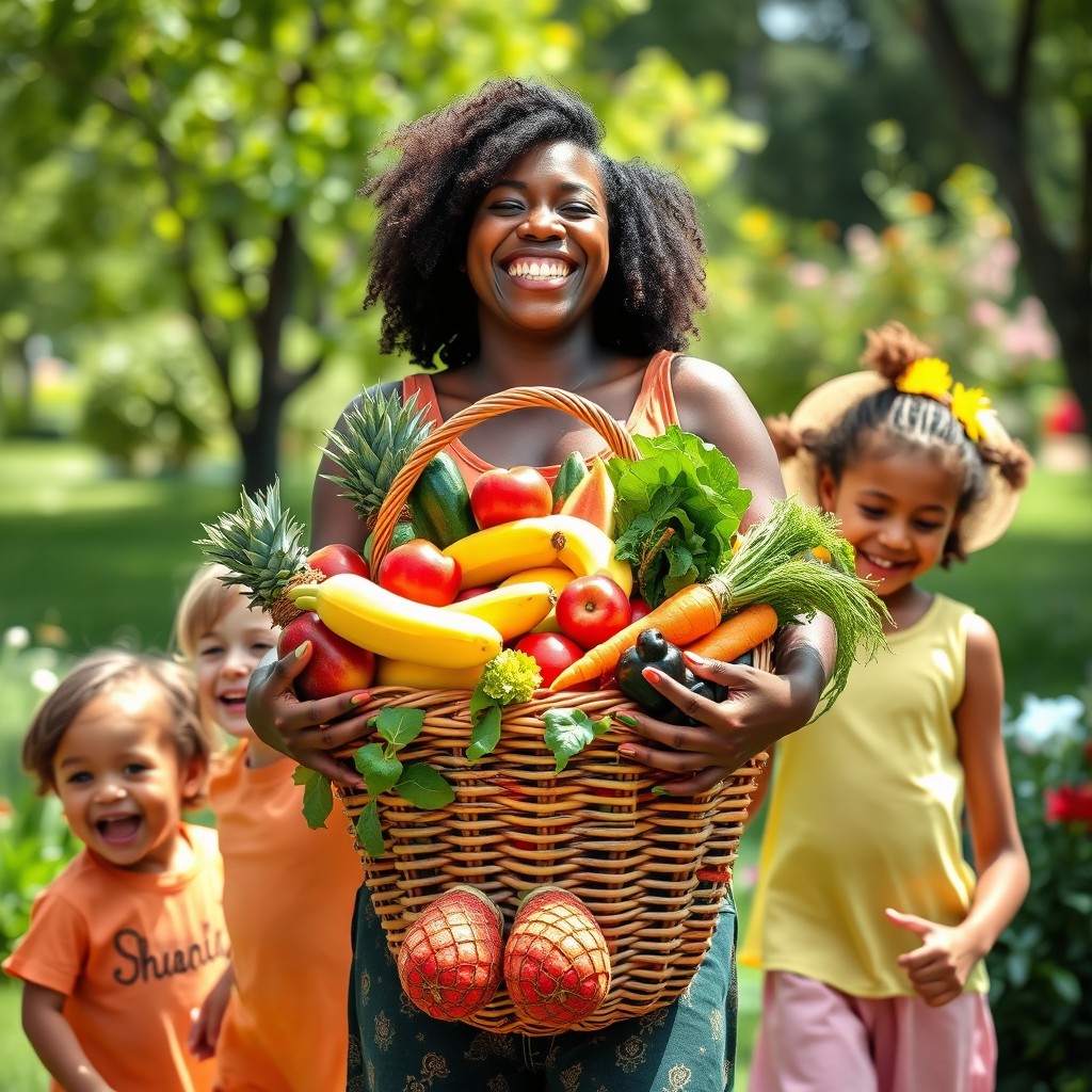 A beautiful scene featuring a black mother joyfully holding a large basket filled with colorful fruits and vegetables, resembling a child in its shape