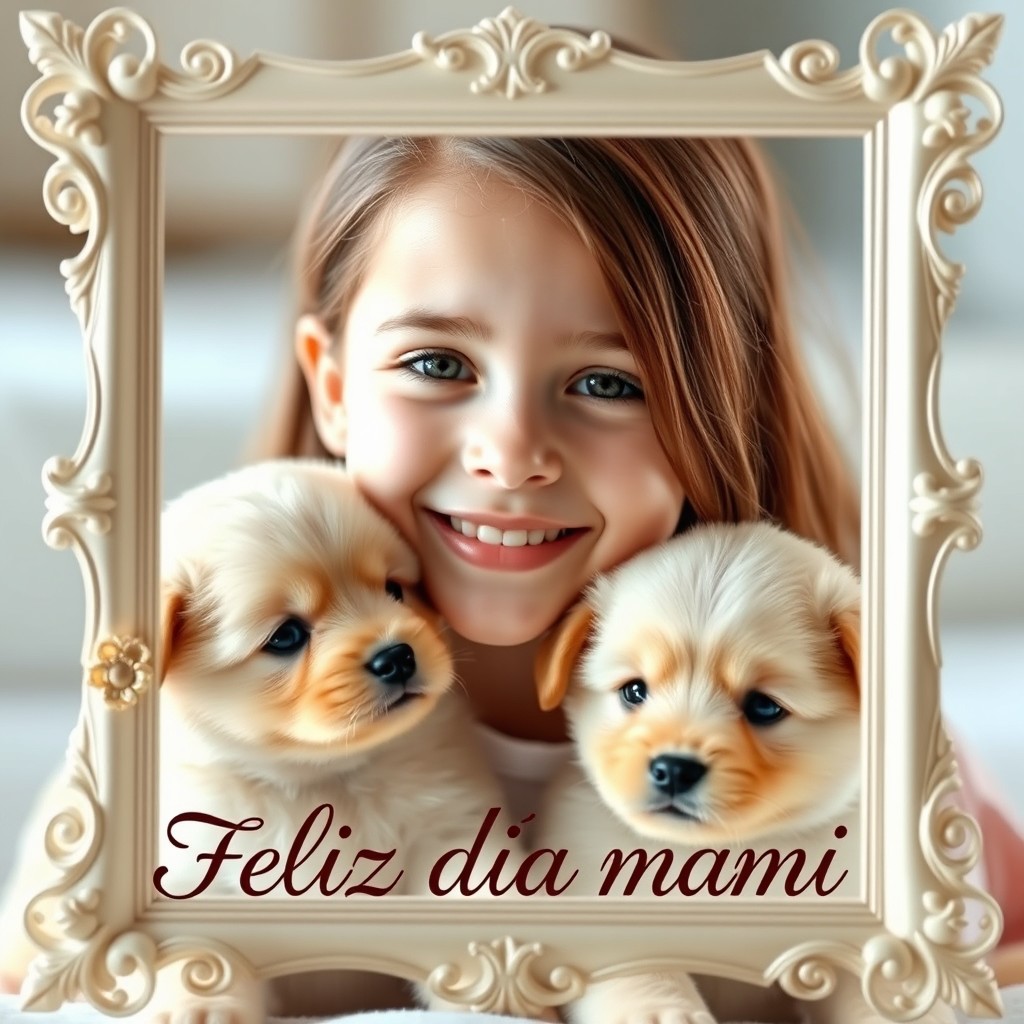 A beautiful girl smiling, framed by an elegant picture frame with the text 'Feliz día mami' elegantly displayed at the bottom