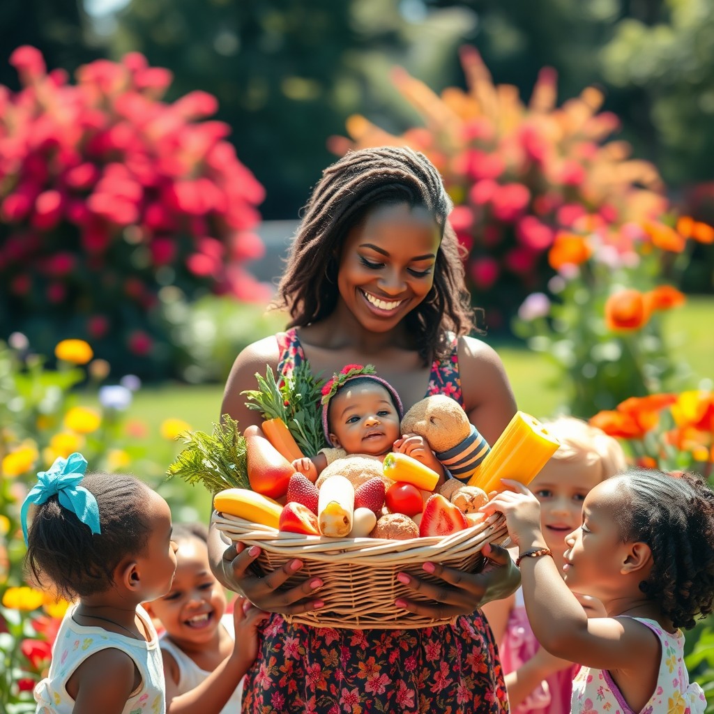 A heartwarming scene featuring a beautiful black mother holding a basket of assorted food items, lovingly arranged to resemble a child
