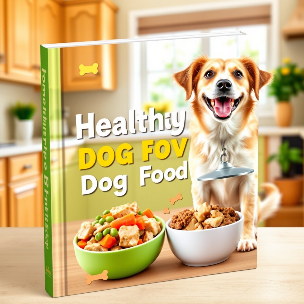 A captivating book cover for 'Homemade Healthy Dog Food', showcasing a cheerful, enthusiastic dog sitting beside a colorful bowl filled with wholesome, homemade dog food made from fresh ingredients like carrots, peas, and chunks of chicken