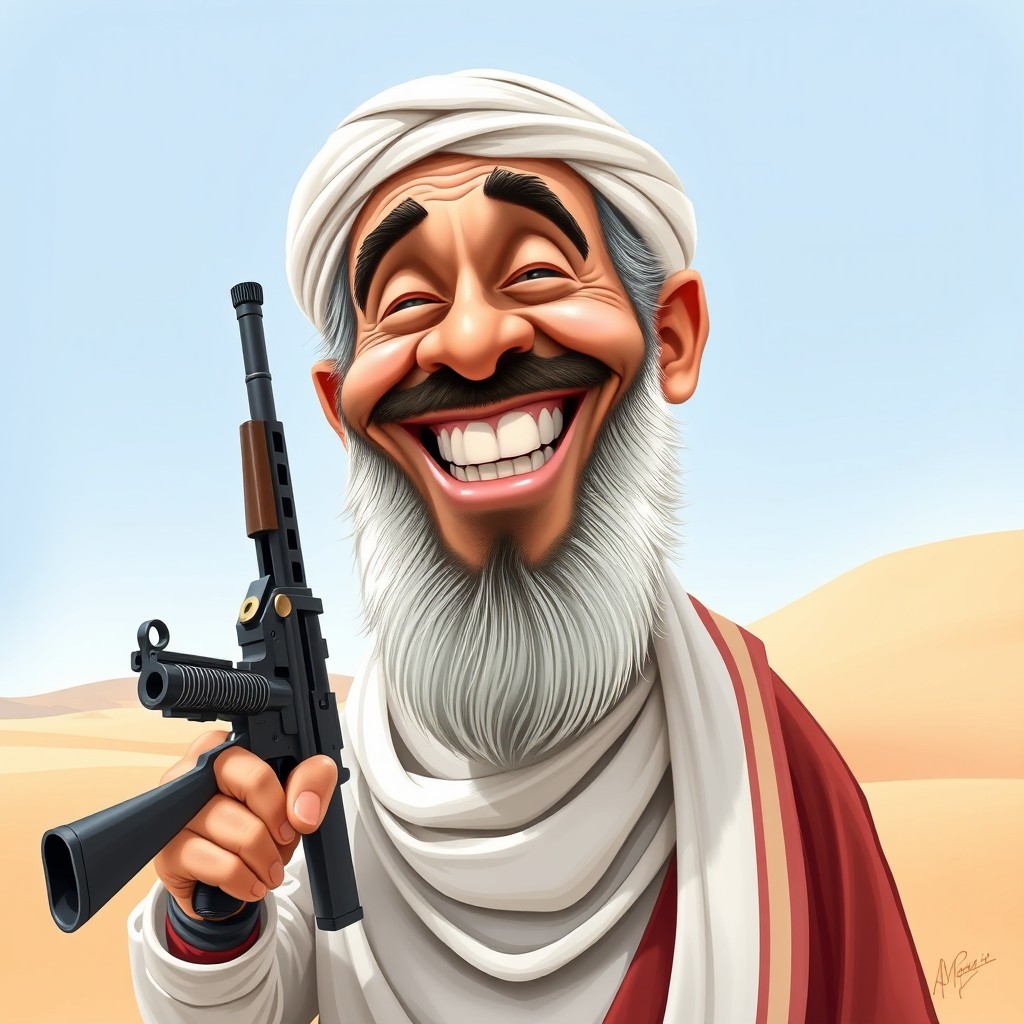 A caricature of a middle-aged man with a distinctive beard and traditional Middle Eastern attire, holding a gun and laughing with a gleeful expression
