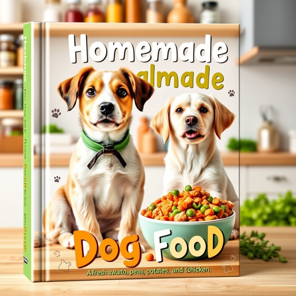 A charming book cover for 'Homemade Healthy Dog Food', featuring an adorable dog sitting next to a bowl filled with colorful, nutritious dog food made from fresh ingredients like sweet potatoes, peas, and chicken