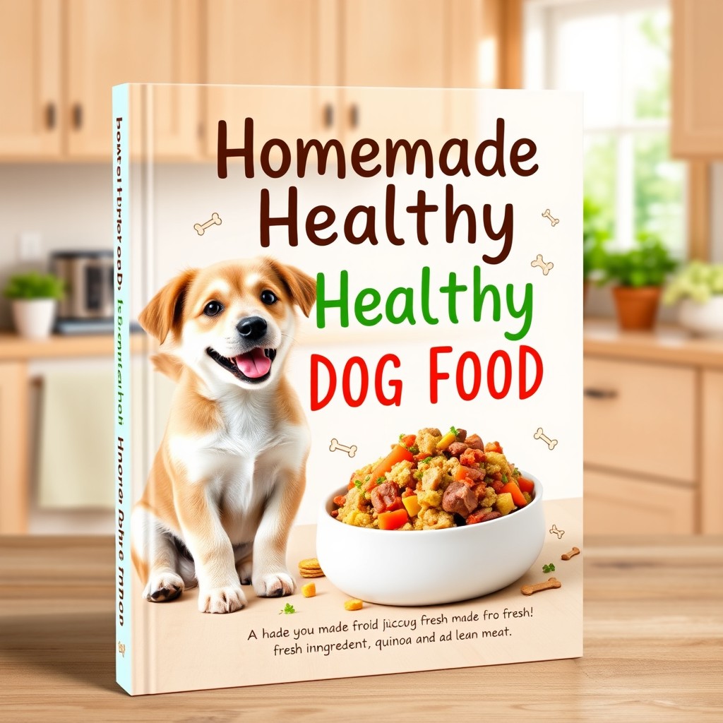 An eye-catching book cover for 'Homemade Healthy Dog Food', featuring an adorable dog with a wagging tail, sitting happily next to a bowl brimming with colorful, wholesome dog food made from fresh ingredients such as carrots, quinoa, and lean meats