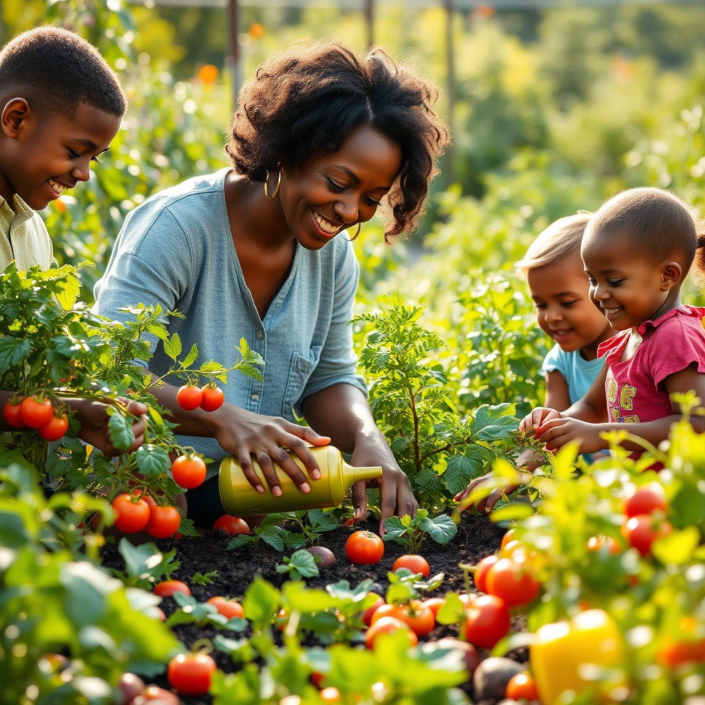 A beautiful black mother tending to a vibrant vegetable garden, surrounded by her smiling sons and daughters