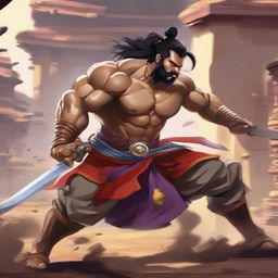 A detailed and action-packed scene of Goj Saturu, a champion warrior, engaged in an intense battle against Sakuna in an Indian setting. The background should capture the rich Indian culture and architecture