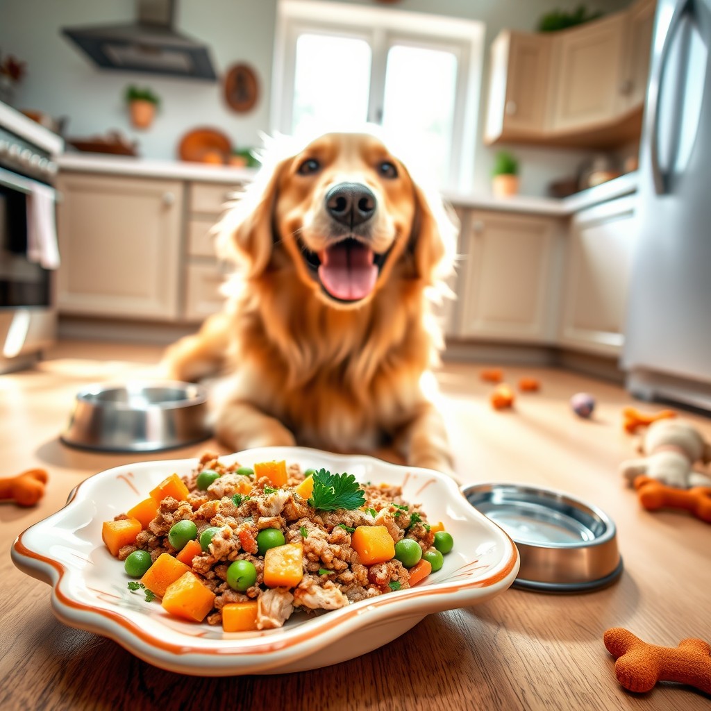 A beautifully arranged plate of homemade healthy dog food, featuring ingredients like lean ground turkey, sweet potatoes, peas, and carrots