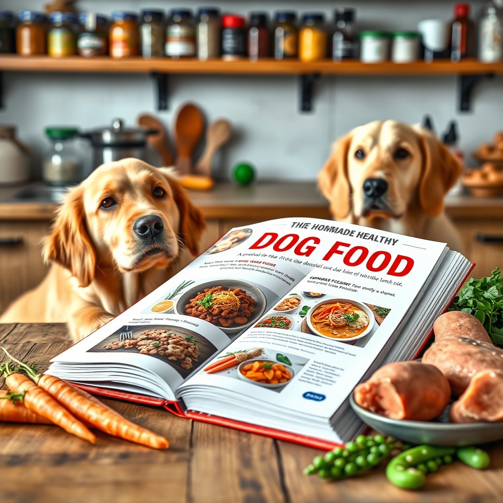 An inviting scene featuring a beautifully designed cookbook titled 'Homemade Healthy Dog Food'