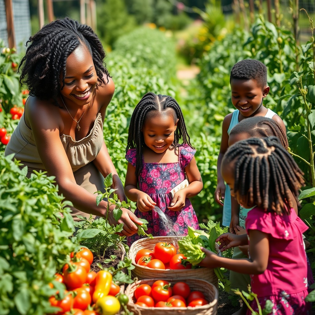 A beautiful black mother tending to her vibrant vegetable garden, surrounded by her joyful sons and daughters