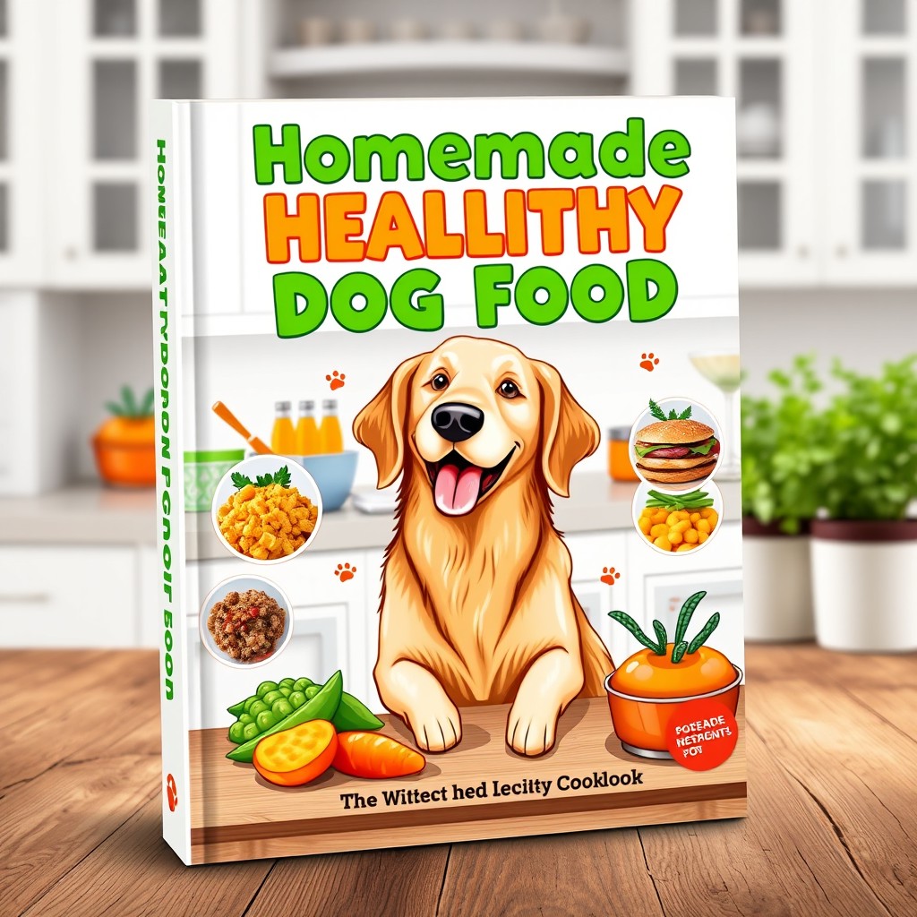 A striking book cover design for a cookbook titled 'Homemade Healthy Dog Food'