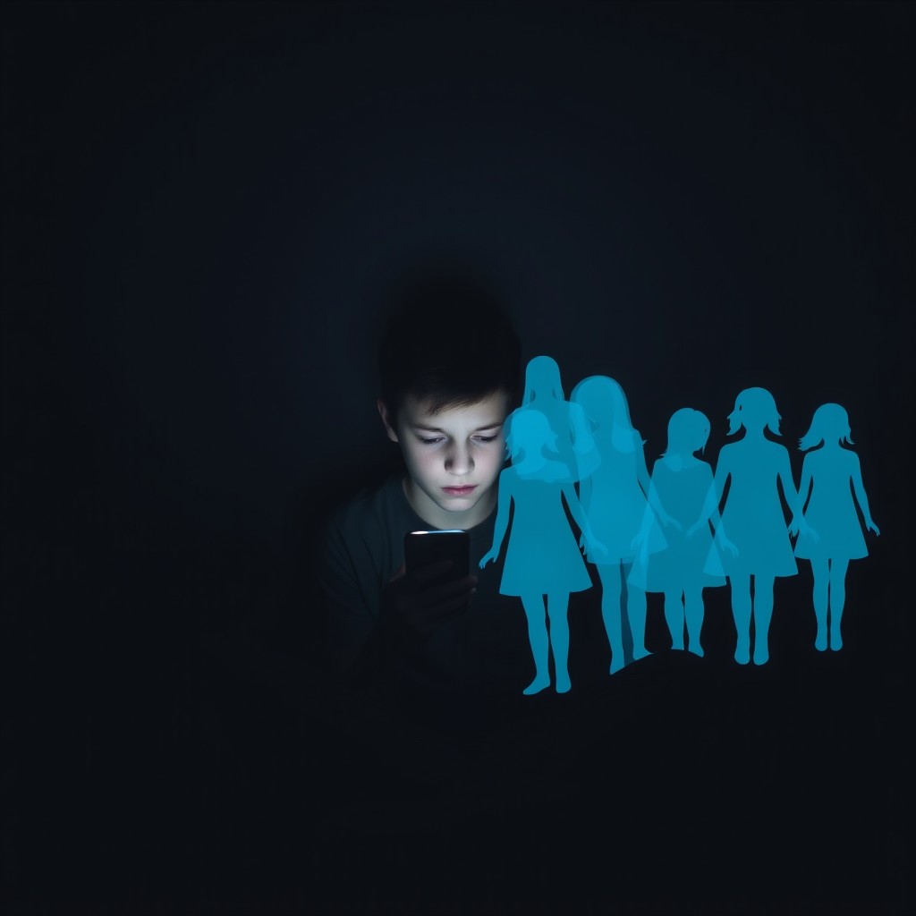 A young person sitting in a dark and gloomy room, looking at their smartphone