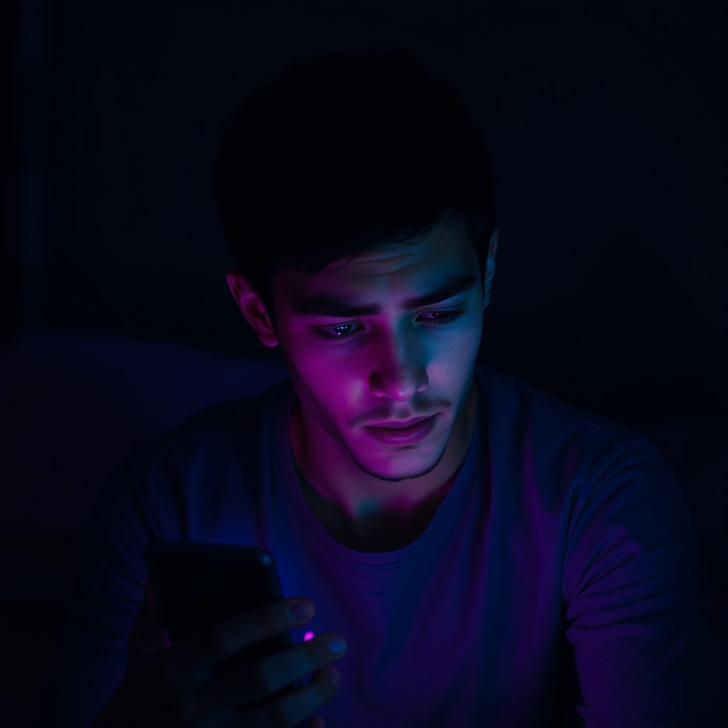 A young man sitting in his dimly lit room, illuminated solely by the glow of his cellphone, casting a soft light across his face, which expresses deep sadness