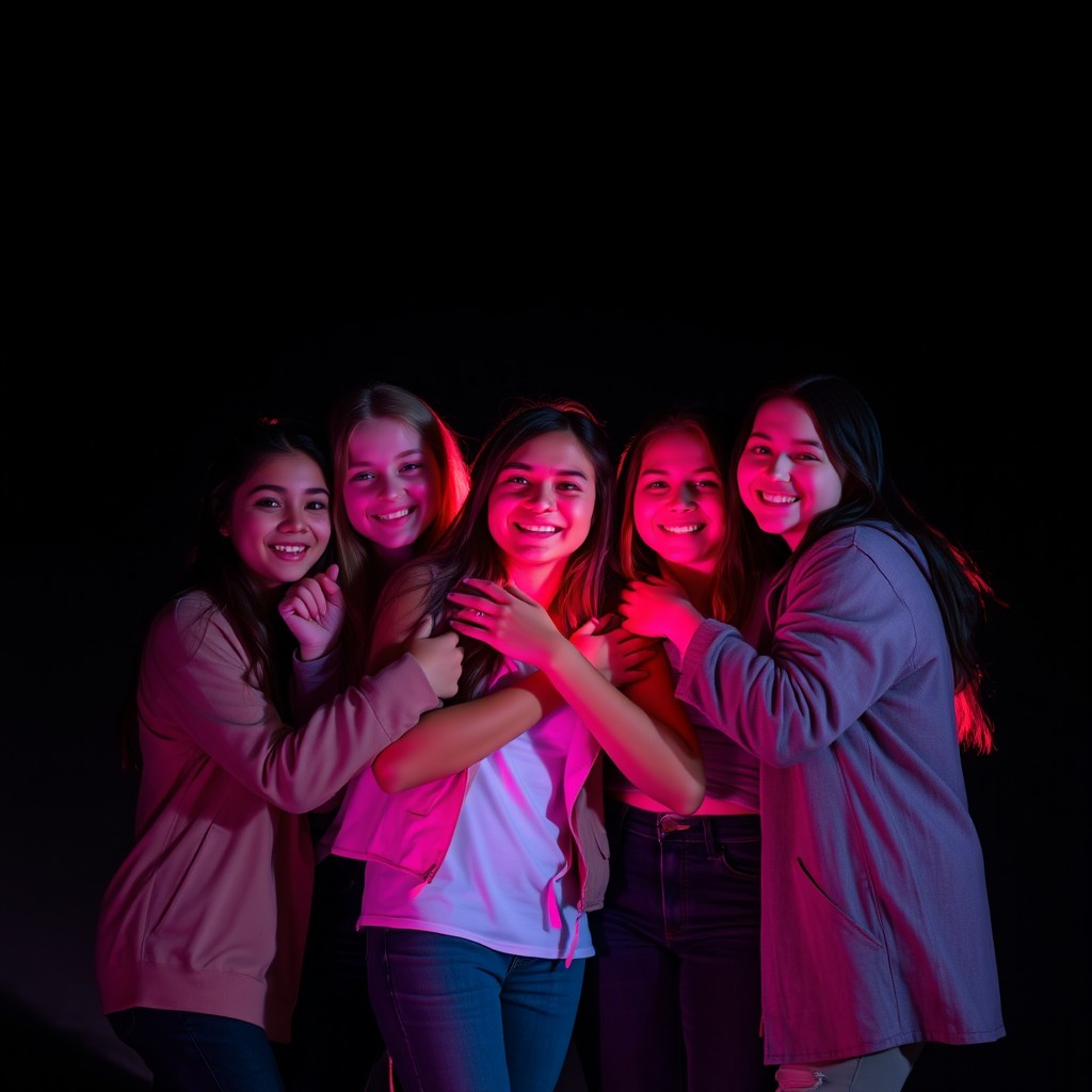 A group of young people embracing each other, enveloped in a warm, soft light that highlights their joyful expressions, while the surrounding area remains dark and shadowy, creating a striking contrast