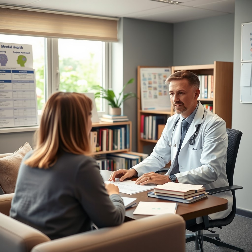 A professional psychiatrist working in a modern NHS office, surrounded by medical books and psychological assessment tools