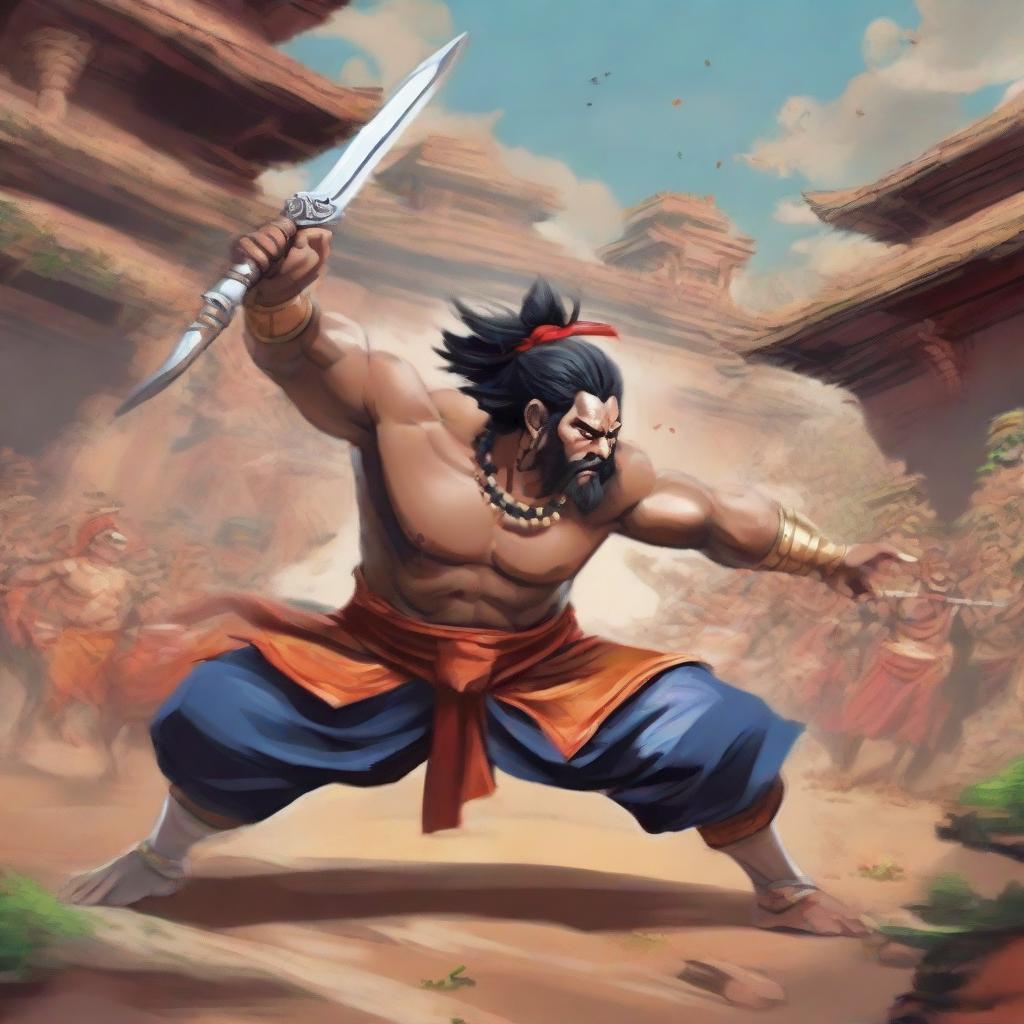 A detailed and action-packed scene of Goj Saturu, a champion warrior, engaged in an intense battle against Sakuna in an Indian setting. The background should capture the rich Indian culture and architecture