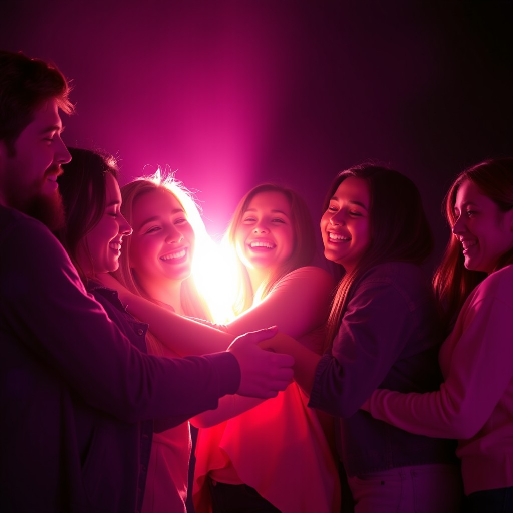 A group of young people, both men and women, embracing each other in a heartfelt moment, surrounded by a warm and gentle light that illuminates them while the rest of the scene is shrouded in darkness