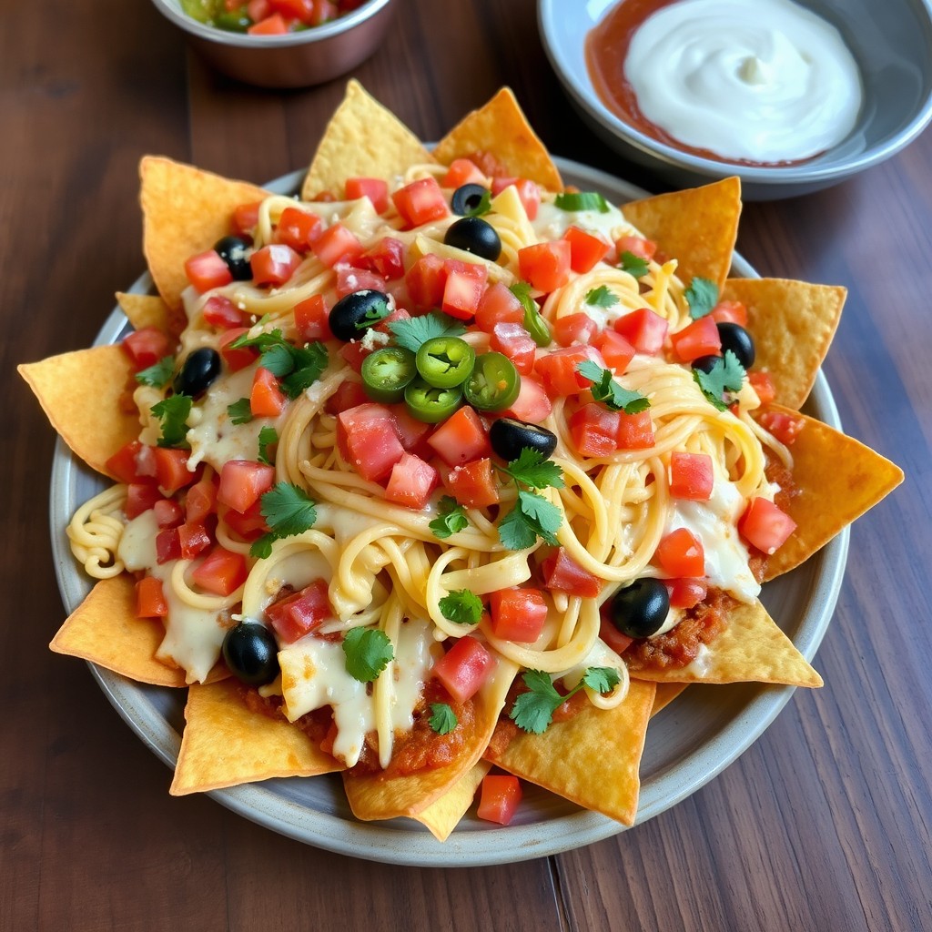 A delicious plate of pasta nachos, featuring crispy tortilla chips topped with melted cheese, creamy pasta sauce, and a generous serving of cooked pasta