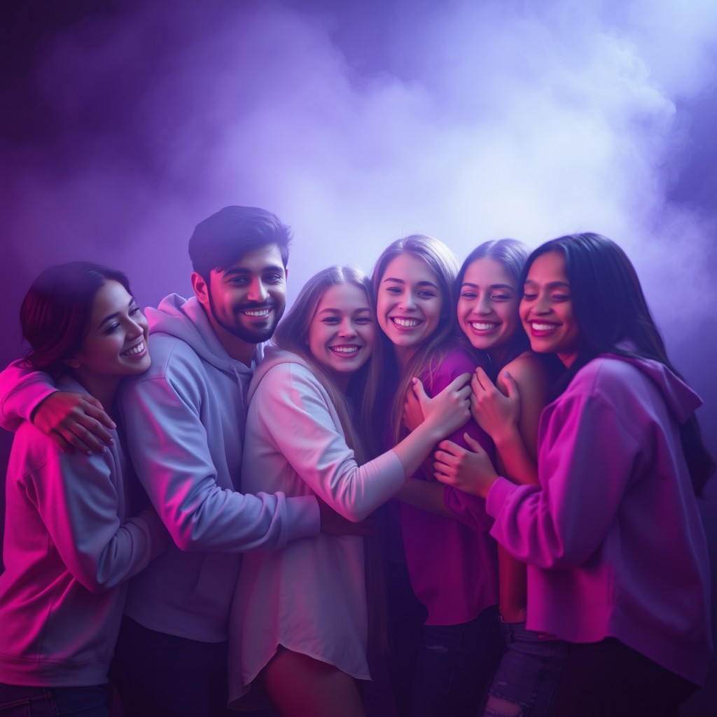 A group of young people, both men and women, embracing each other surrounded by a gentle and ethereal aura while the rest of the scene is enveloped in darkness