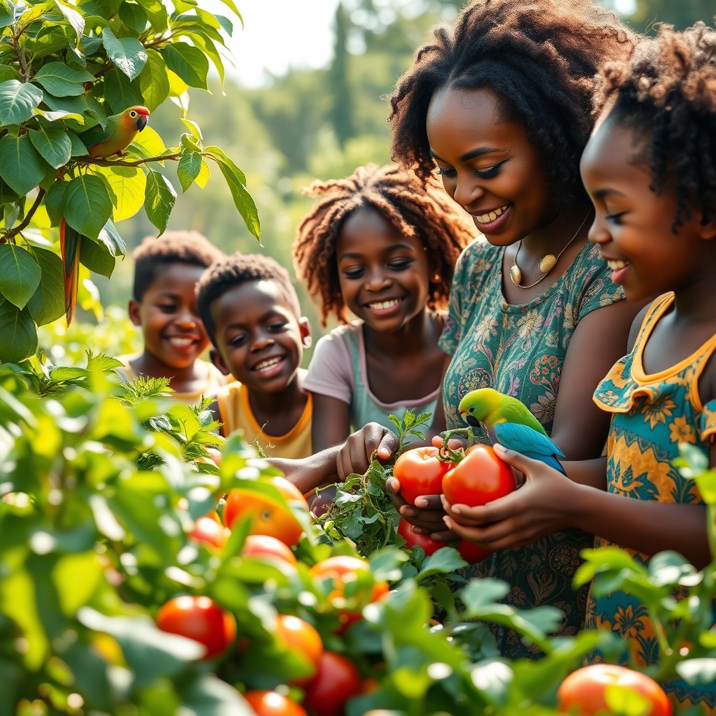 A stunning scene of a beautiful black mother tending to her colorful vegetable garden, surrounded by her joyful sons and daughters