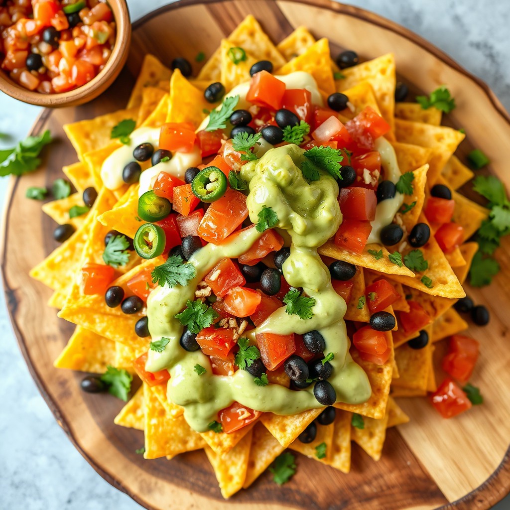 A creative dish of pasta nachos featuring layers of golden, crispy lasagna noodles arranged like traditional nachos