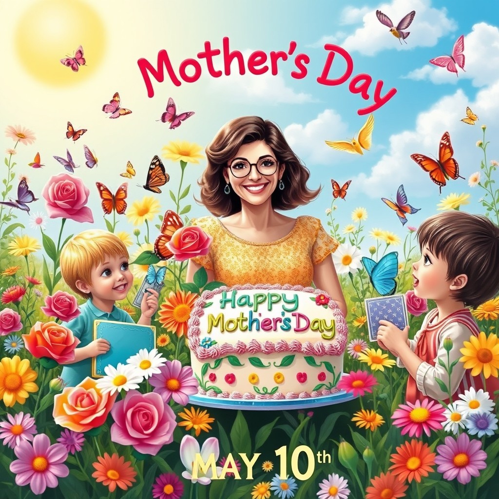 A vibrant and creative celebration for Mother's Day on May 10th, featuring a beautiful floral arrangement of colorful flowers such as roses, lilies, and daisies