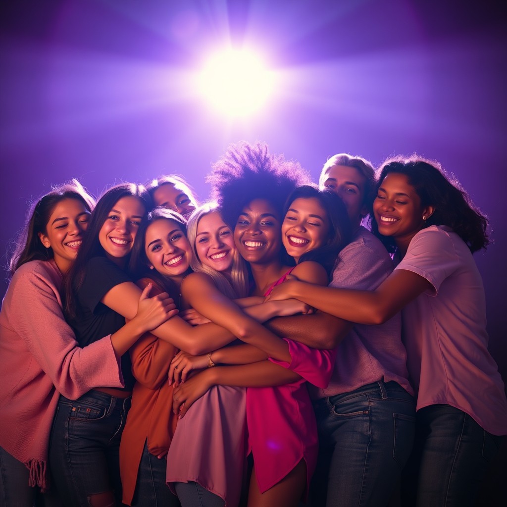 A diverse group of young people, both women and men, embracing each other in a joyful and affectionate scene, surrounded by a warm and radiant light that emanates from around them while the rest of the environment is enveloped in darkness