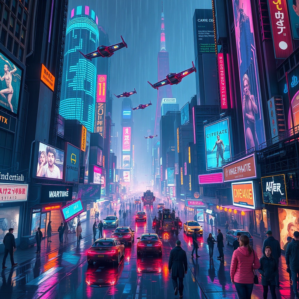 A vibrant cyberpunk cityscape at night, filled with neon lights and towering skyscrapers