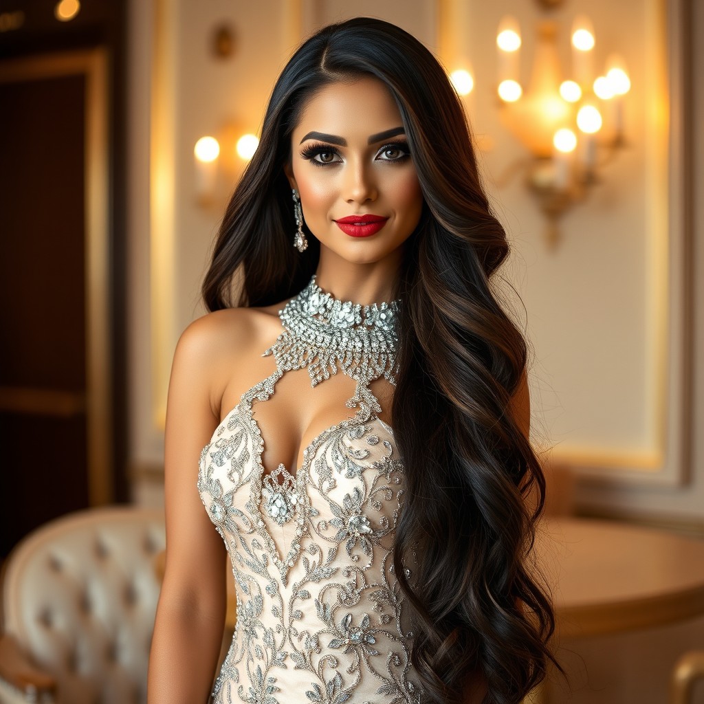 A stunningly beautiful woman with long flowing hair, wearing a glamorous evening dress adorned with intricate beadwork, standing gracefully in a luxurious setting
