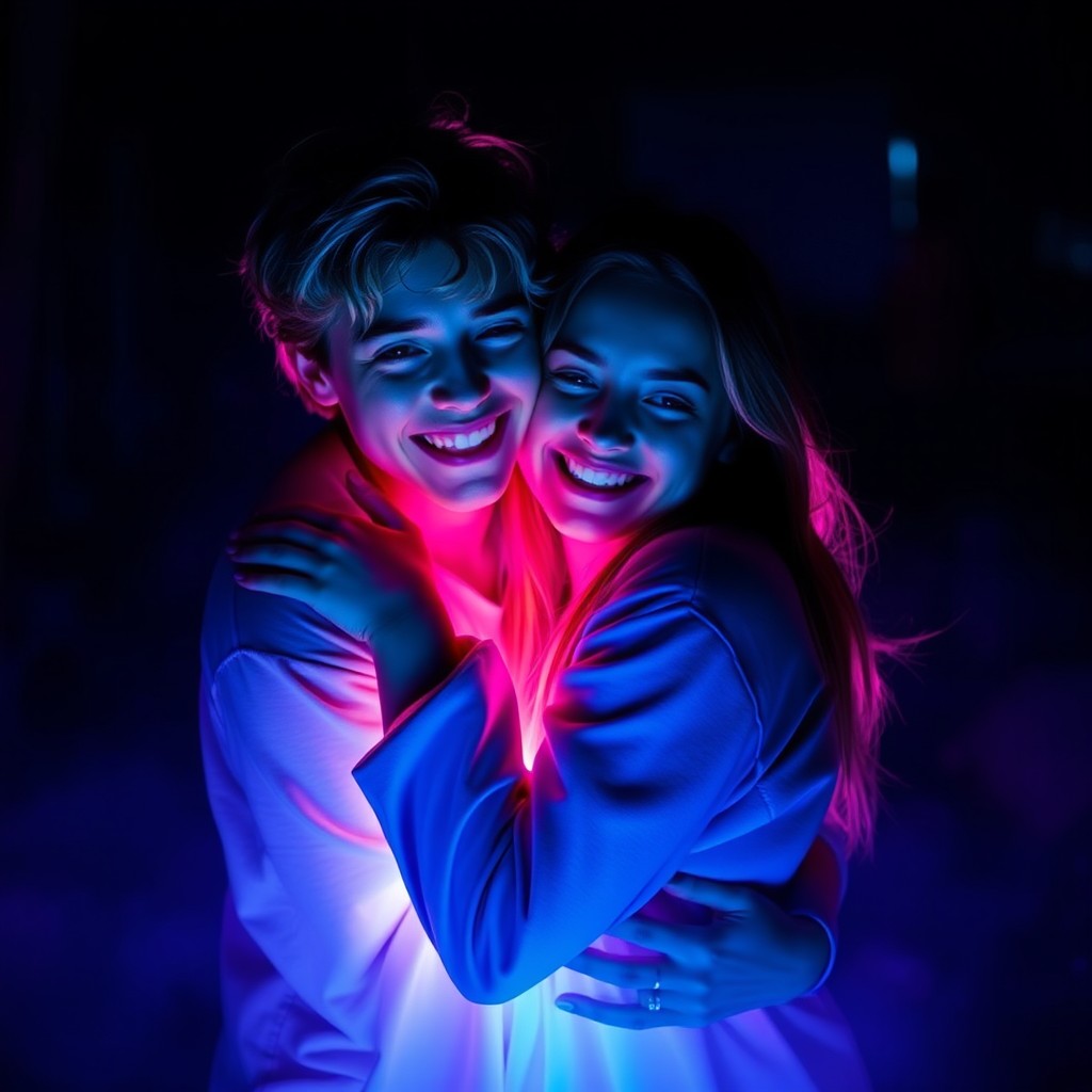 An intimate scene of two young people embracing each other, enveloped in a soft, glowing light while the surrounding area is dark and mysterious