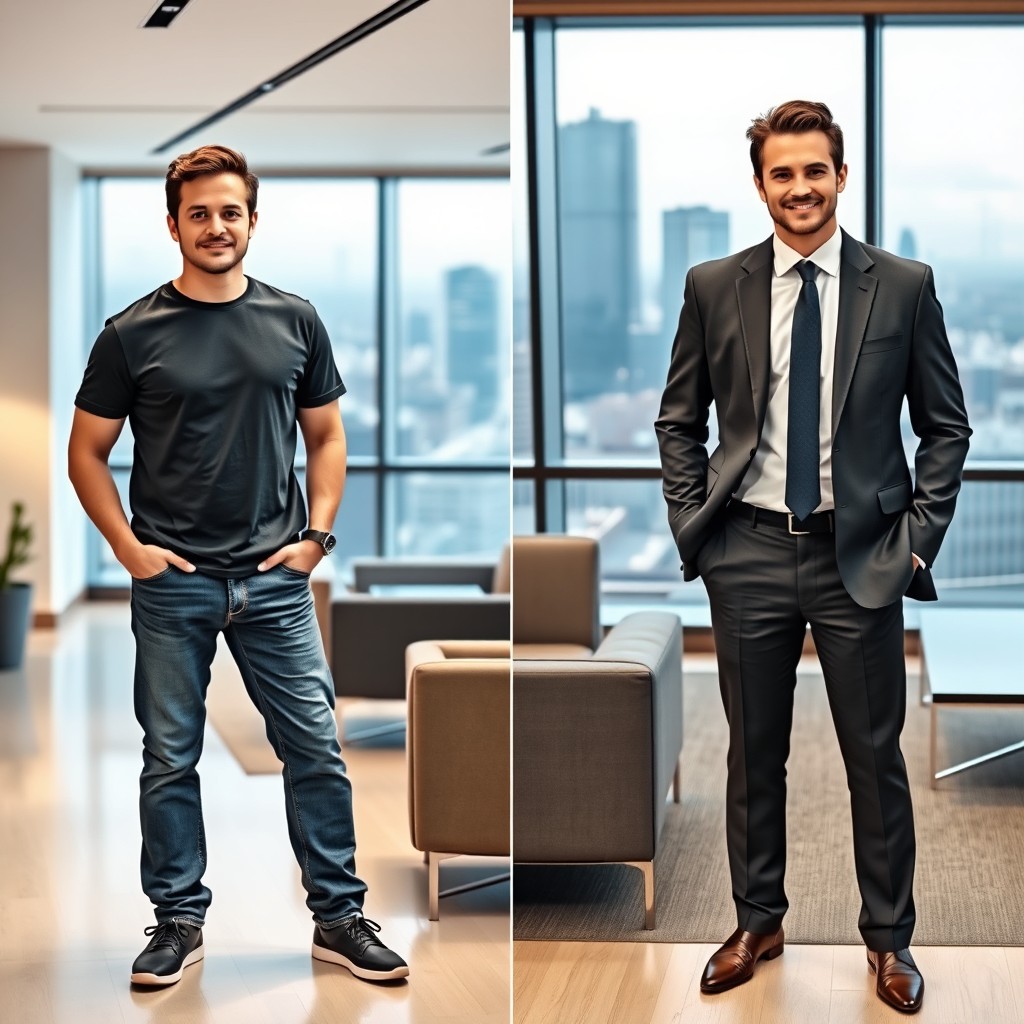 A split image showcasing a professional transformation
