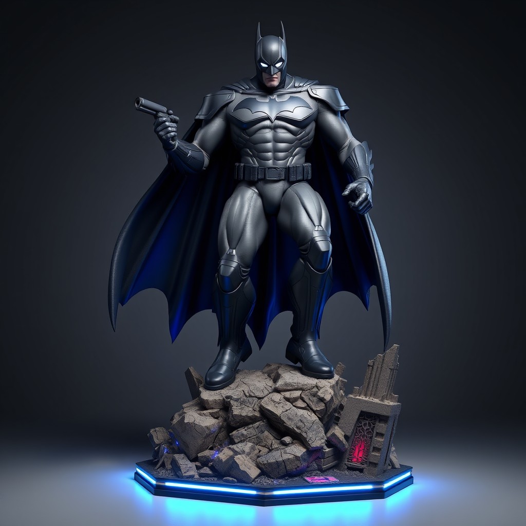 A blueprint of a superhero statue, towering and muscular, clad in a dark gray and black armored suit designed for durability and agility