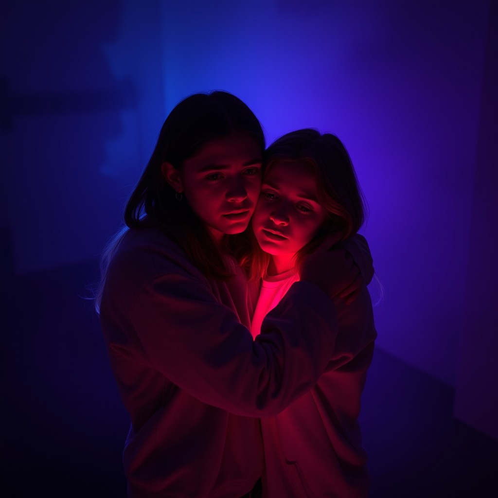 An intimate scene of two young people embracing each other in a normal, gentle hug, surrounded by a soft, glowing light while the rest of the environment is shrouded in darkness
