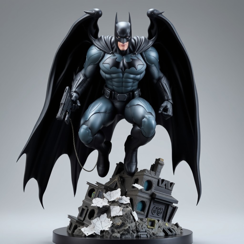 A towering superhero statue designed with a muscular build, featuring a dark gray and black armored suit that's durable yet agile