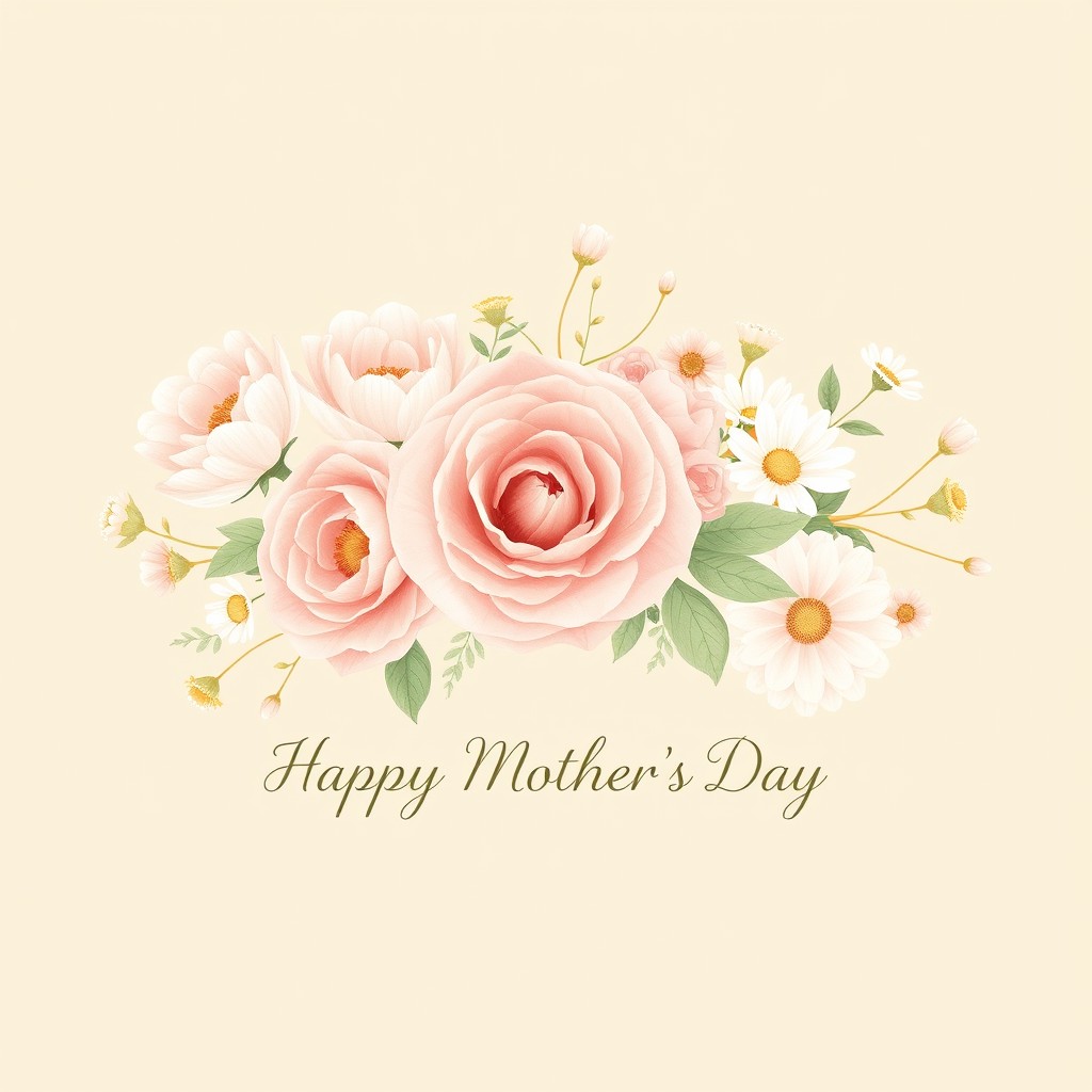 A minimalist floral design for Mother's Day, featuring a soft color palette of pastel pinks and greens with delicate, intricate flower illustrations such as roses, peonies, and daisies arranged elegantly