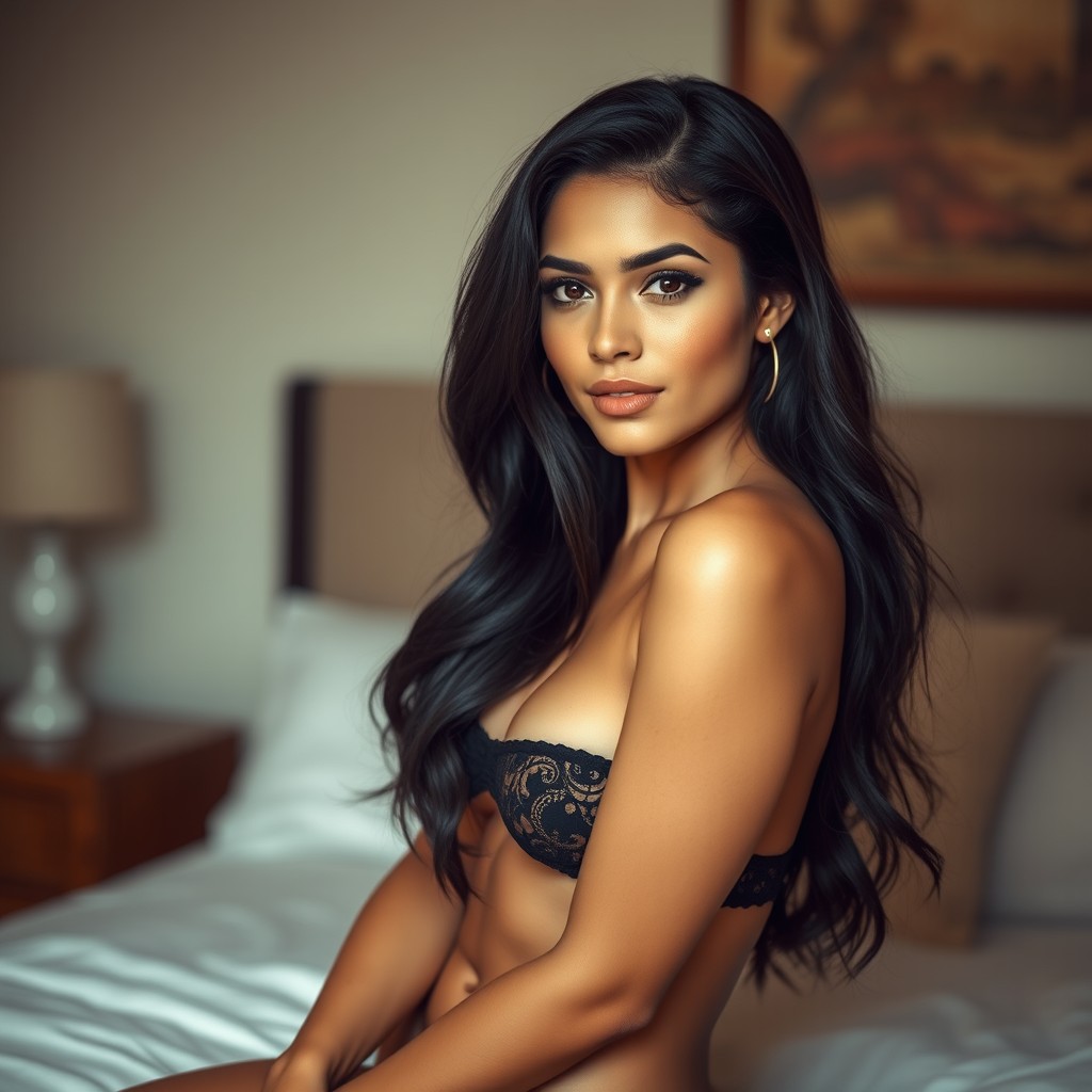 A realistic portrayal of a beautiful Latina woman with long, flowing black hair, showcasing her natural beauty without makeup or filters