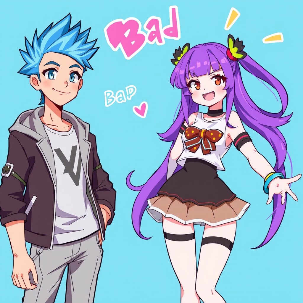 A lively scene featuring two characters, Dev, a young adult male with spiky blue hair styled in a trendy way, dressed in a stylish jacket and casual trousers, standing confidently with a friendly smile