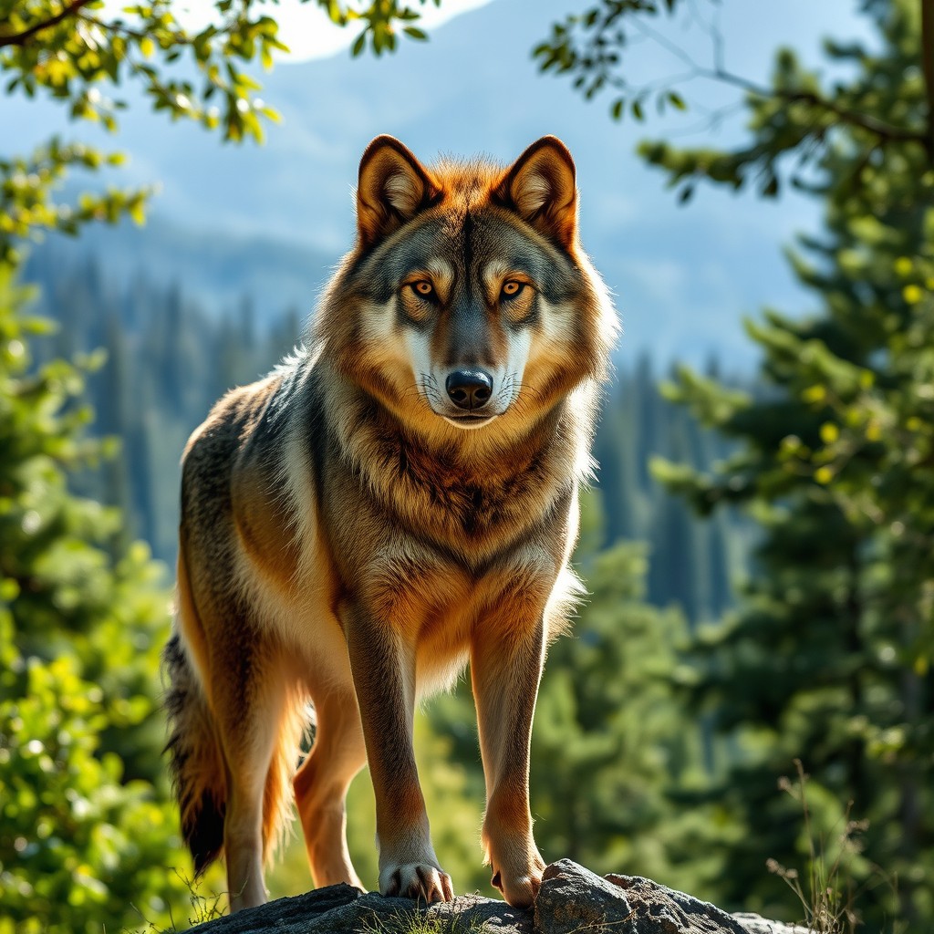 A raw, stunning photograph of a majestic wolf standing proudly in its natural habitat, surrounded by dense forest